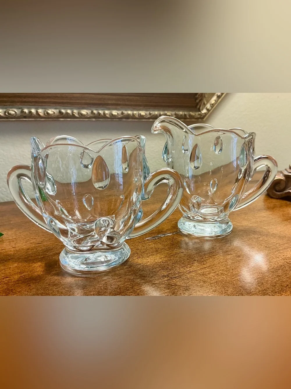 Most adorable Vintage Pressed Glass Sugar and Creamer Set-Teardrop Pattern